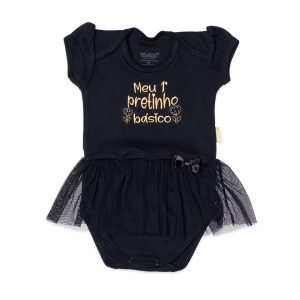 Body para bebê manga curta e saia de tule pretinho básico